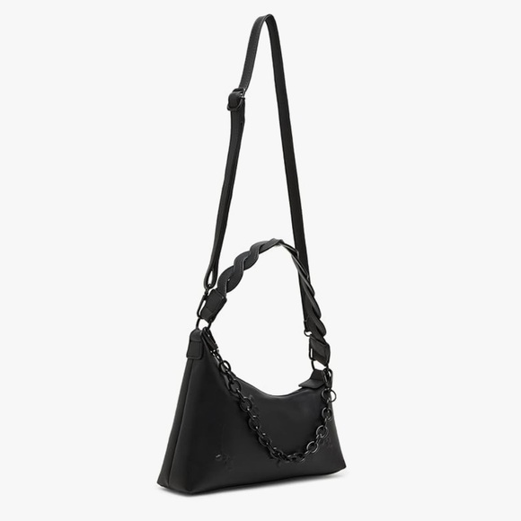 Betsey Johnson Black Kilter Rosette Asymmetrical Bag - Picture 2 of 8